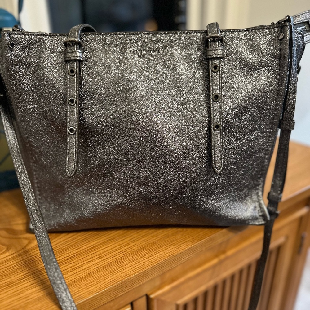 Henri Bendel Metallic Silver Satchel Tote Shoulder/ Crossbody Purse 12x9.5x4.5